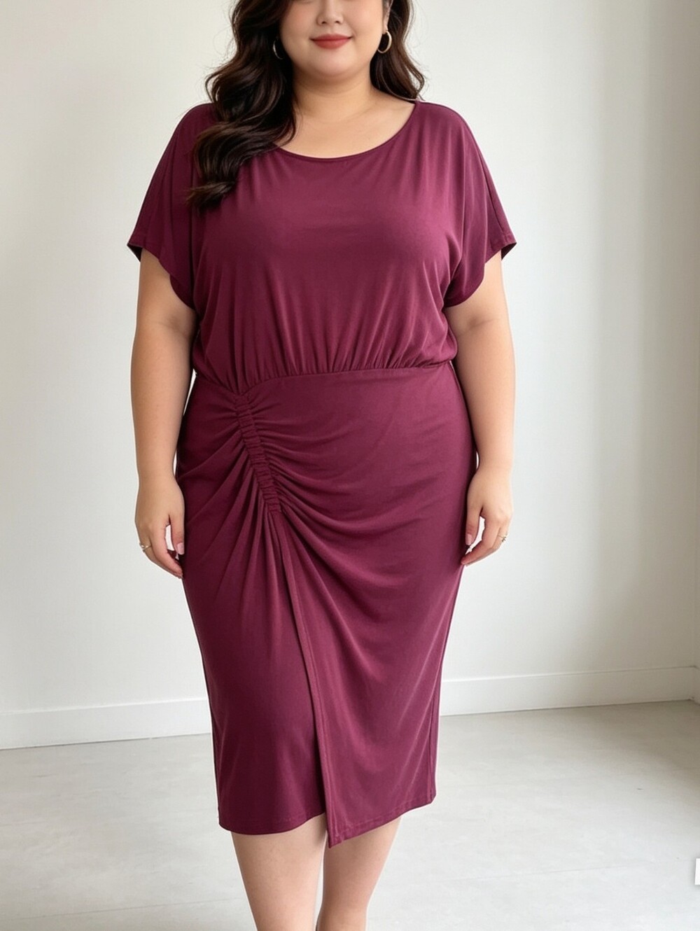 Moulinette Soeurs Burgundy Asymmetrical Ruched Midi Dress Size L NWT